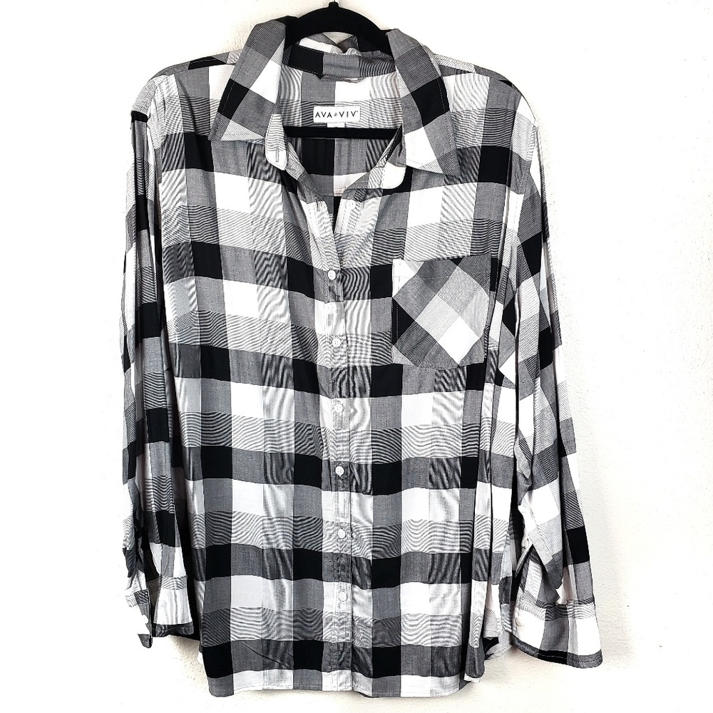 Ava & Viv Plaid Button Down Black and White 2XL